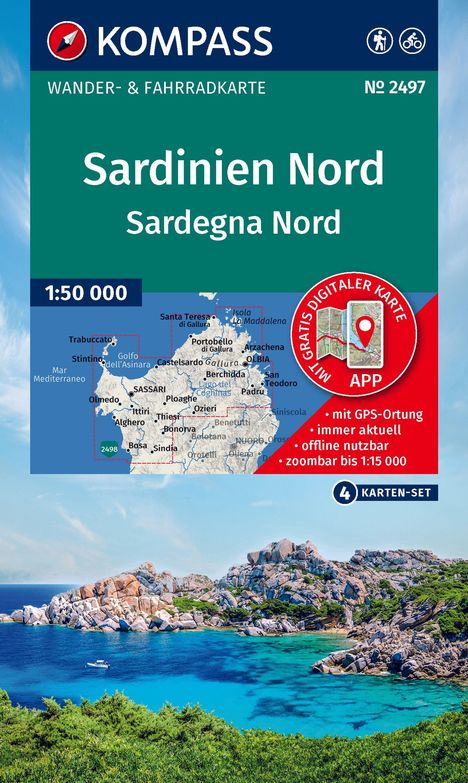 „Sardinien Nord“, Wander- & Fahrradkarte, Maßstab 1:50.000, zeigt Karte mit GPS-App-Anzeige, darunter Küstenlandschaft.