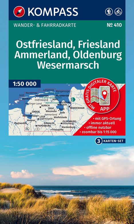 Ostfriesland, Friesland, Ammerland, Oldenburg, Wesermarsch; Wanderkarte mit GPS; Küstenlandschaft mit Dünen und Meer.