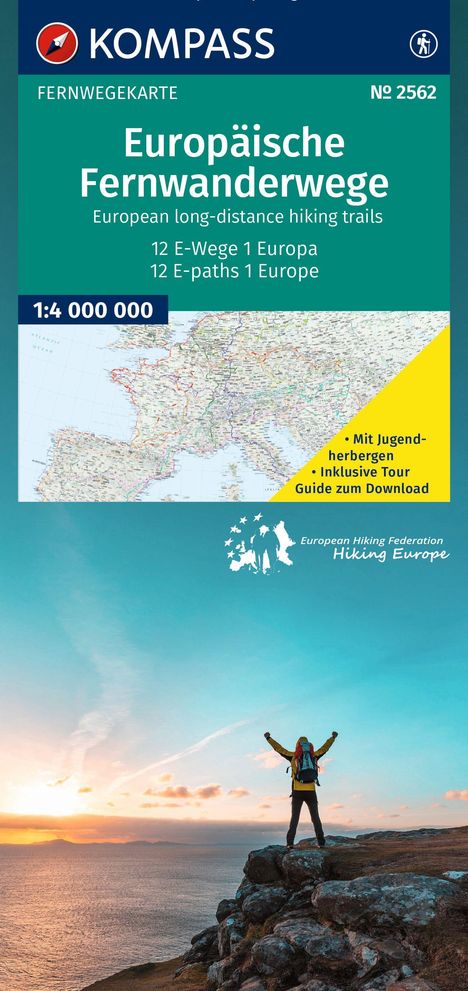 „Europäische Fernwanderwege“, Karte mit Wanderer auf Klippe, Sonnenuntergang. Enthält Logo und Landkarte Europas.