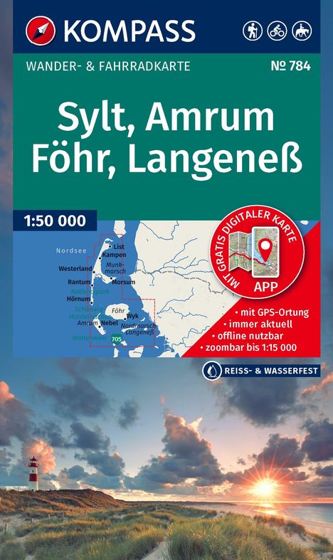 KOMPASS Wander- & Fahrradkarte Nr. 784: Sylt, Amrum, Föhr, Langeneß. Unten Leuchtturm, Dünen, Meer bei Sonnenuntergang.
