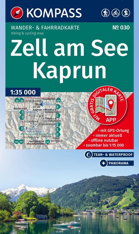 **Zell am See Kaprun Wander- & Fahrradkarte 1:35 000.** Mit Gratis digitaler Karte, GPS-Ortung. Segelboote vor Alpen.