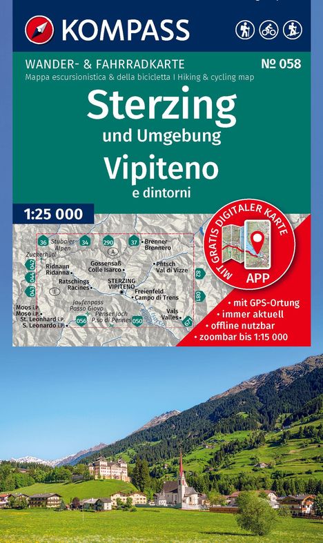 "Sterzing und Umgebung, Vipiteno e dintorni. Wander- & Fahrradkarte Nr. 058. Bild zeigt eine Berglandschaft mit Kirche."