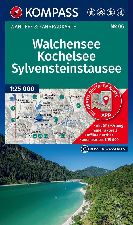 "Walchensee, Kochelsee, Sylvensteinstausee" Wander- und Fahrradkarte. Auf der Karte sind Seen und Orte markiert.