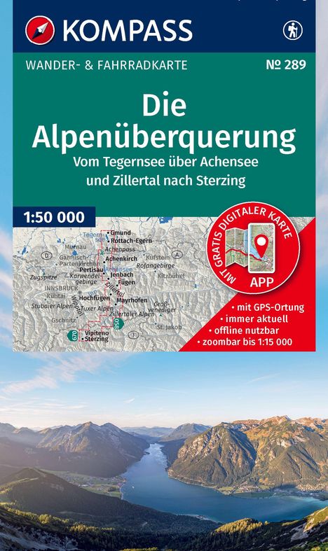 „Die Alpenüberquerung: Vom Tegernsee über Achensee und Zillertal nach Sterzing“; oben „KOMPASS“ mit Logo. Darunter eine Karte.