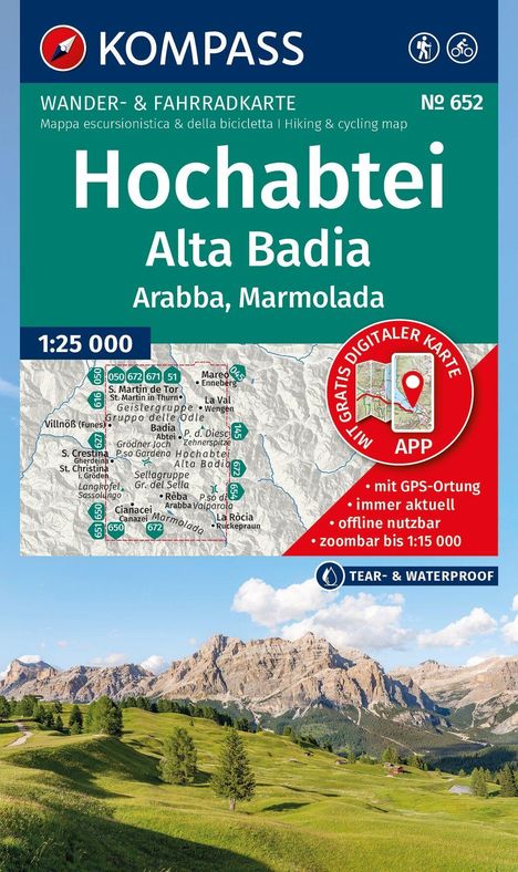 KOMPASS Wander- & Fahrradkarte, Hochabteitalt Alta Badia, Arabba, Marmolada, 1:25 000. Berge und Wiesen im Hintergrund.