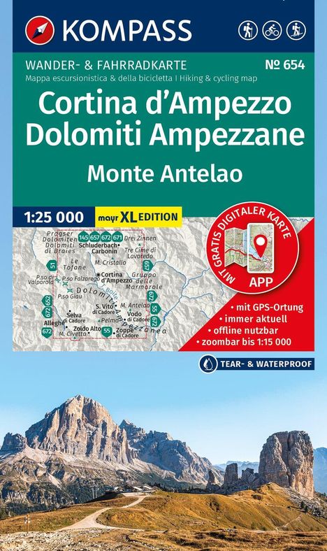 „Cortina d'Ampezzo Dolomiti Ampezzane Monte Antelao“ Wanderkarte mit Bild von Berglandschaft unten.