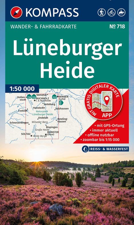 "Lüneburger Heide" in großen Buchstaben. Wander- und Fahrradkarte Nr. 718. Unten ein Bild von blühender Heide bei Sonnenuntergang.