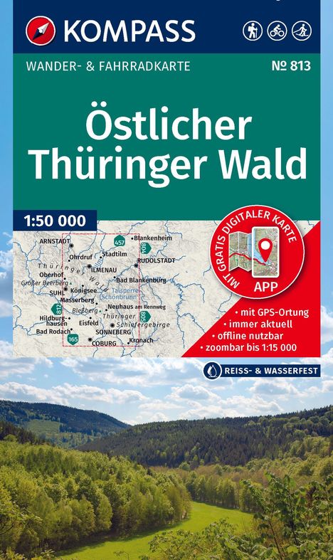 Östlicher Thüringer Wald, Wander- & Fahrradkarte, mit Karte und einer grünen Waldlandschaft im Hintergrund.