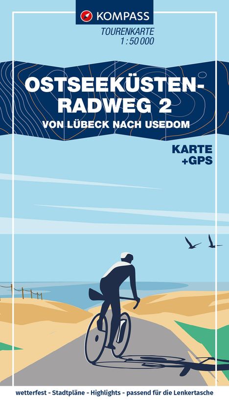 OSTSEEKÜSTEN-RADWEG 2, von Lübeck nach Usedom, Karte +GPS. Illustration eines Radfahrers am Meer.