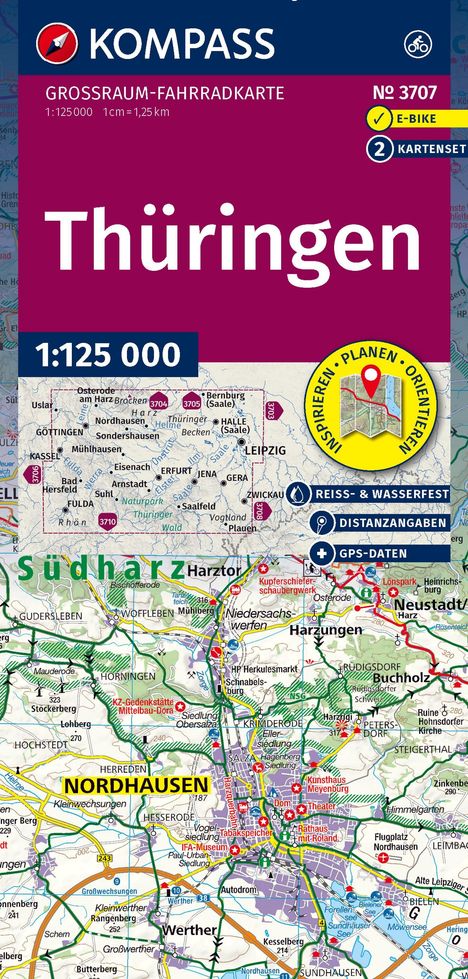 Großraum-Fahrradkarte Thüringen, Maßstab 1:125.000, reiß- und wasserfest, GPS-Daten, Nordhausen hervorgehoben.