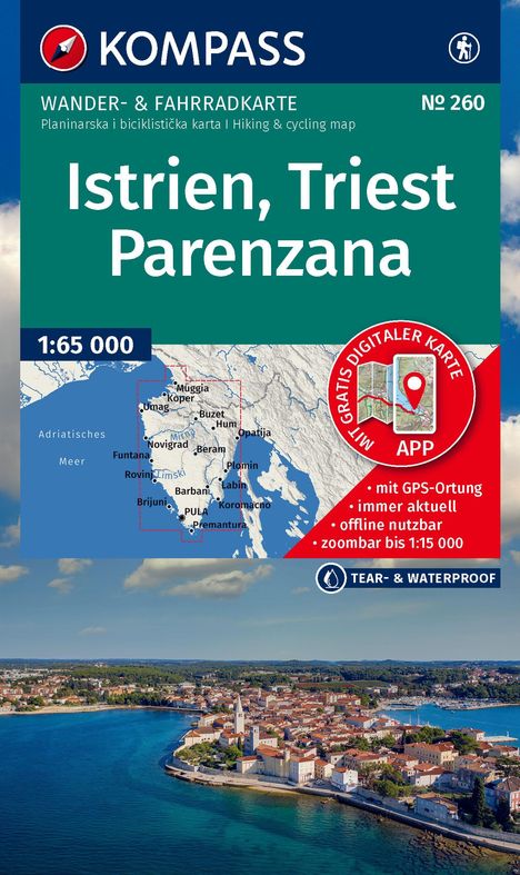Titel: "Istrien, Triest, Parenzana". Wanderkarte mit Maßstab 1:65.000. Bild zeigt Küstenstadt und Meer.