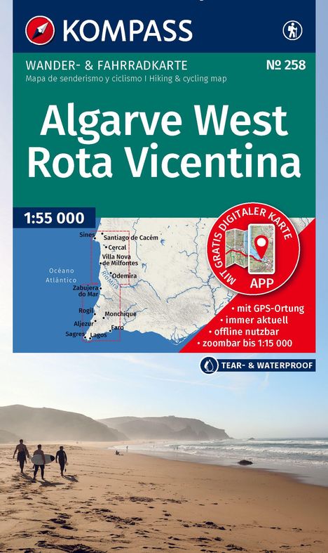 Algarve West Rota Vicentina Karte, GPS-Ortung, offline nutzbar. Strand mit drei Surfern, Berge im Hintergrund.