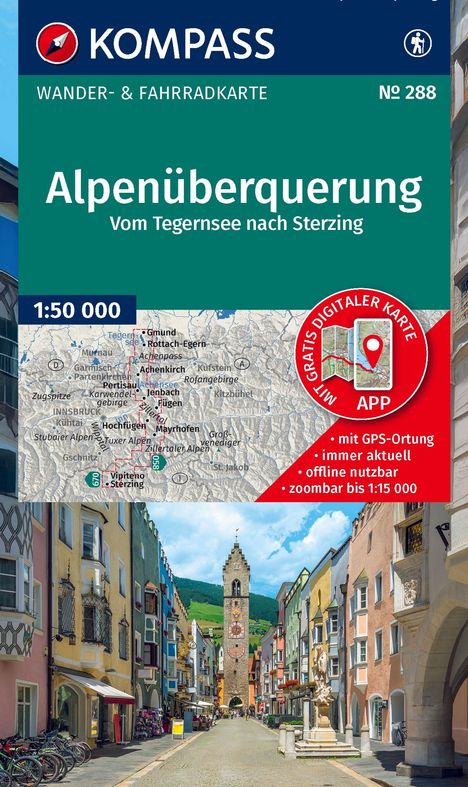 Text: "Alpenüberquerung Vom Tegernsee nach Sterzing", "1:50 000", "mit GPS-Ortung", "APP". Bild zeigt eine bunte Altstadt-Straße.