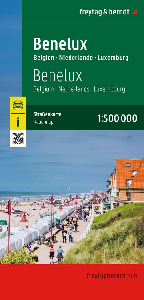 Text: Benelux, Belgien · Niederlande · Luxemburg, Straßenkarte, Road map, 1:500 000. Szene: Belebter Strand mit Gebäuden.