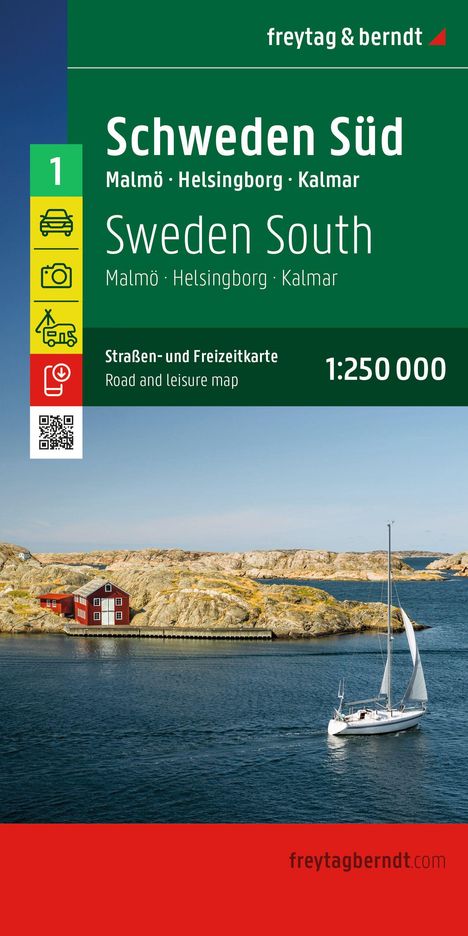 "Schweden Süd: Malmö, Helsingborg, Kalmar, 1:250 000, Straßen- und Freizeitkarte." Küste mit Segelboot und rotem Haus.