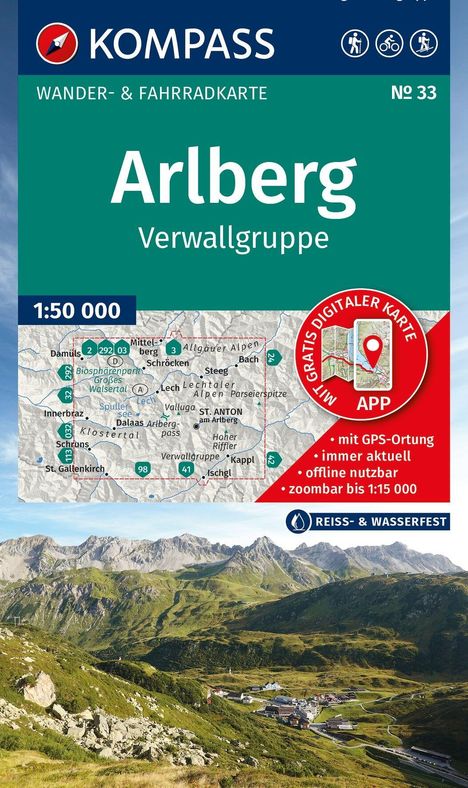 Text: "Arlberg Verwallgruppe", "Wander- & Fahrradkarte", "1:50 000". Logo oben, Landschaft unten mit Bergen und Tal.