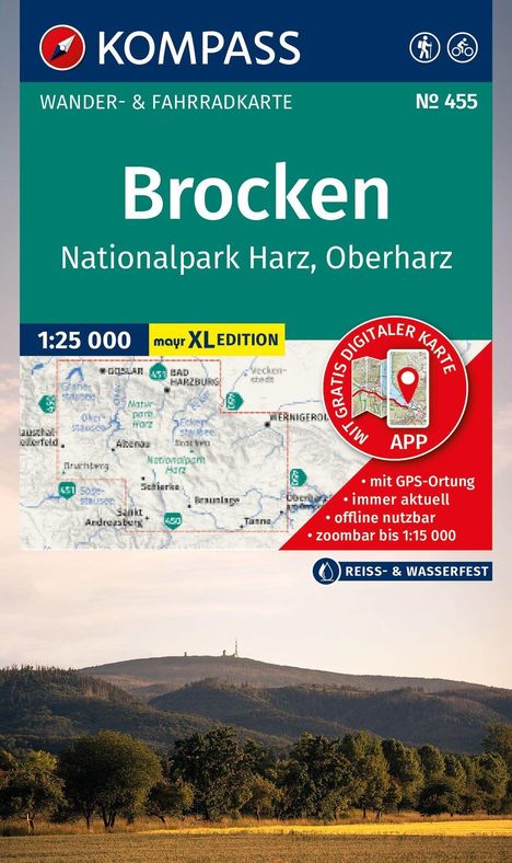 "WANDER- & FAHRRADKARTE", "Brocken Nationalpark Harz, Oberharz", "1:25 000", "APP". Landschaft mit Hügeln und Bäumen. Logo oben links.