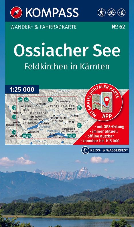 "KOMPASS Wander- & Fahrradkarte, Ossiacher See, Feldkirchen in Kärnten. 1:25 000. Karte und Berge im Hintergrund."