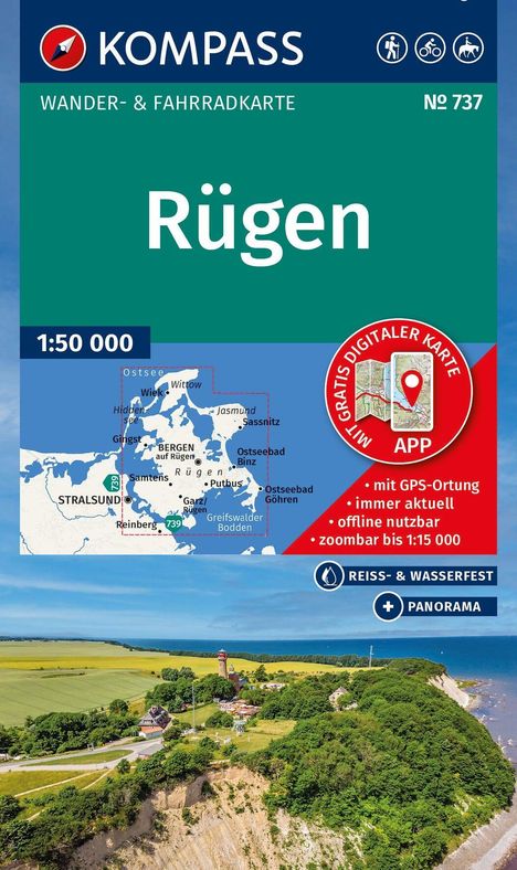 "Rügen" Wander- & Fahrradkarte, Nr. 737. Gratis App: GPS, offline, zoombar. Reiß- & wasserfest. Küstenpanorama mit Feldern.
