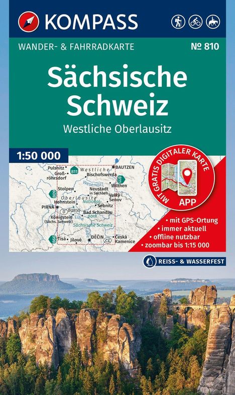 Titel: Sächsische Schweiz. Karte der Region. KOMPASS-Logo oben, Landschaftsfoto mit Felsen unten.