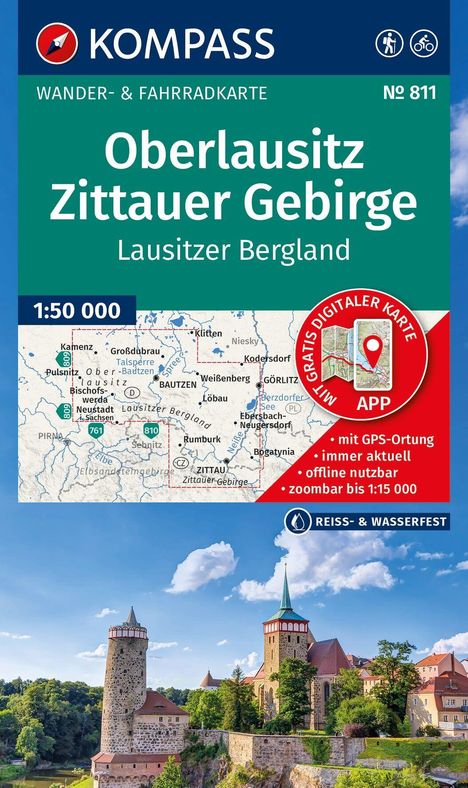 "Oberlausitz Zittauer Gebirge Lausitzer Bergland" und Kartenausschnitt, darunter ein Schloss mit Türmen vor blauem Himmel.