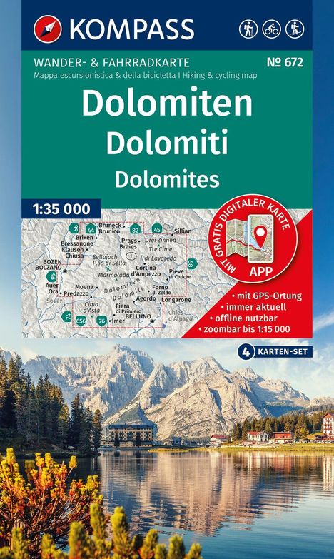 „Kompass Wander- & Fahrradkarte Nr. 672: Dolomiten. Karte und Foto von Berglandschaft mit See, Gebäuden und Bäumen.“