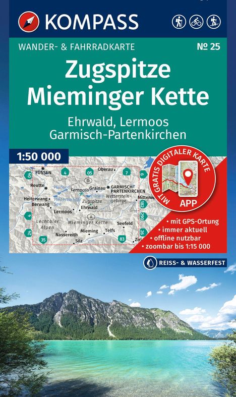 "Wander- & Fahrradkarte Zugspitze Mieminger Kette" mit Landschaftsfoto: türkisfarbener See, Wald, Berge, blauer Himmel.