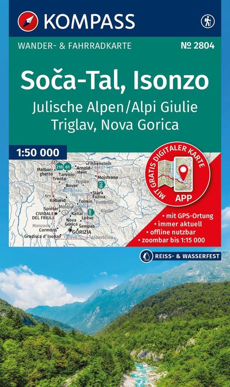 "Soča-Tal, Isonzo. Julische Alpen, Triglav, Nova Gorica. Wanderkarte, Kompass-Logo, Karte und Berglandschaft darunter."