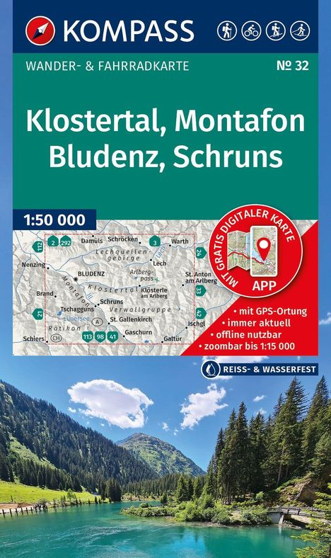 Klostertal, Montafon, Bludenz, Schruns. Wander- & Fahrradkarte. Malerische Berglandschaft mit See und Wald im Hintergrund.