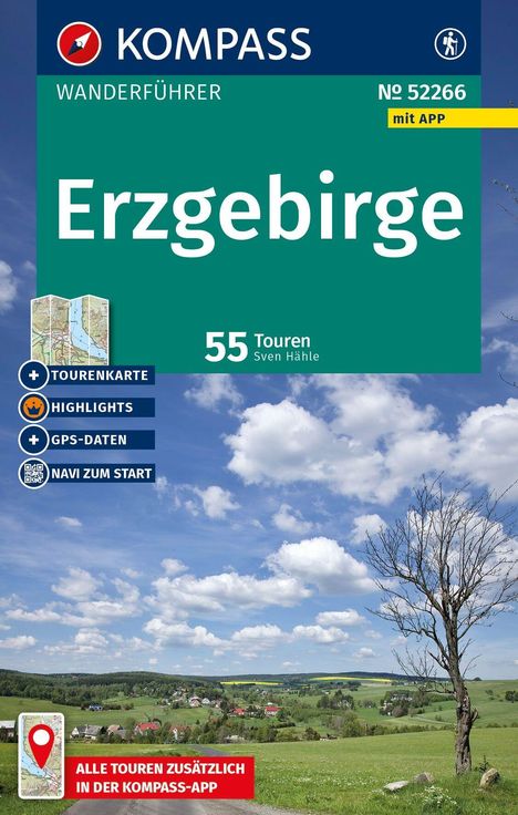 Titel: Erzgebirge Wanderführer. 55 Touren. Mit Karte, Highlights, GPS-Daten. Landschaft mit grünem Tal und blauem Himmel.