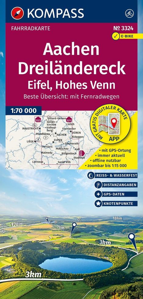 Titel: Aachen Dreiländereck. Untertitel: Eifel, Hohes Venn. Karte und Landschaftsfoto mit Kilometerangaben.