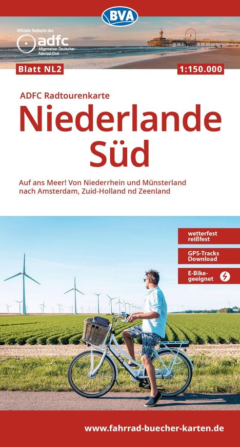 ADFC-Radtourenkarte Niederlande Süd, wetterfest, reißfest, GPS-Tracks Download, E-Bike-geeignet. Mann mit Fahrrad vor Windrädern.