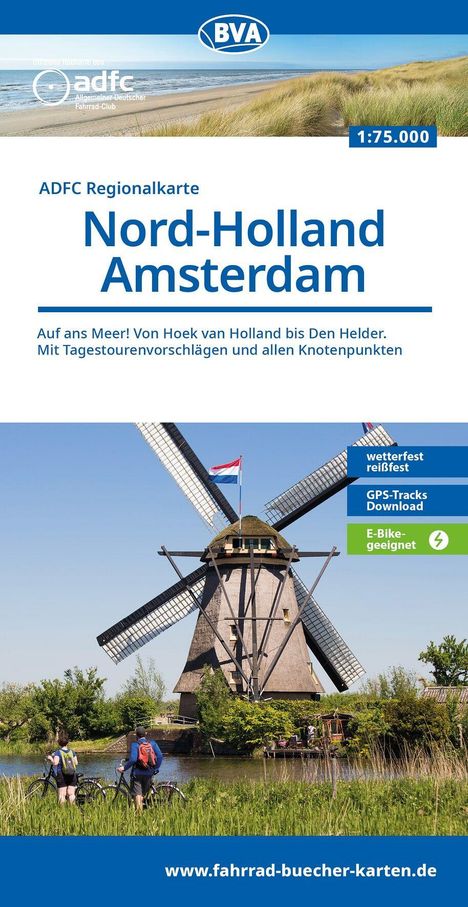 ADFC Regionalkarte Nord-Holland Amsterdam. Wetterfest, GPS-Tracks, E-Bike-geeignet. Windmühle am Fluss, Radfahrer.