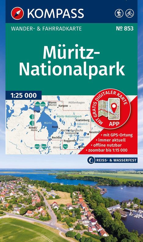 "Müritz-Nationalpark", Wander- & Fahrradkarte, GPS-App-Features. Karte und Luftaufnahme eines Sees mit umgebendem Dorf.