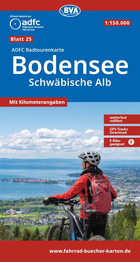 ADFC Radurlaubskarte Bodensee, Schwäbische Alb. Mit Kilometerangaben. Radfahrer blickt auf See und Landschaft.