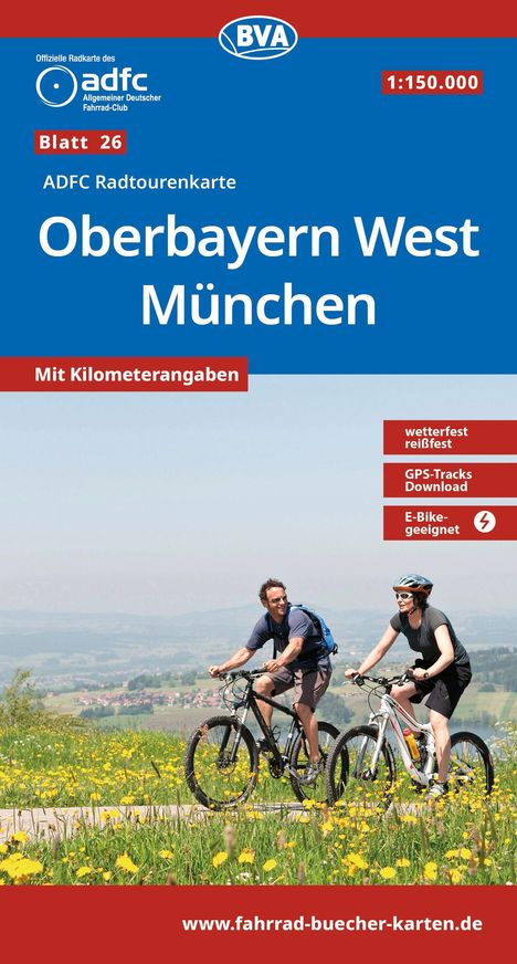 ADFC Radkarte, Oberbayern West München, wetter- und reißfest. Zwei Radfahrer auf einem Weg, umgeben von blühenden Wiesen.