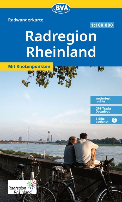 "Radregion Rheinland" in großer Schrift, darunter "Mit Knotenpunkten". Oben ein BVA-Logo, unten ein Logo mit Fahrrädern und Rhein.