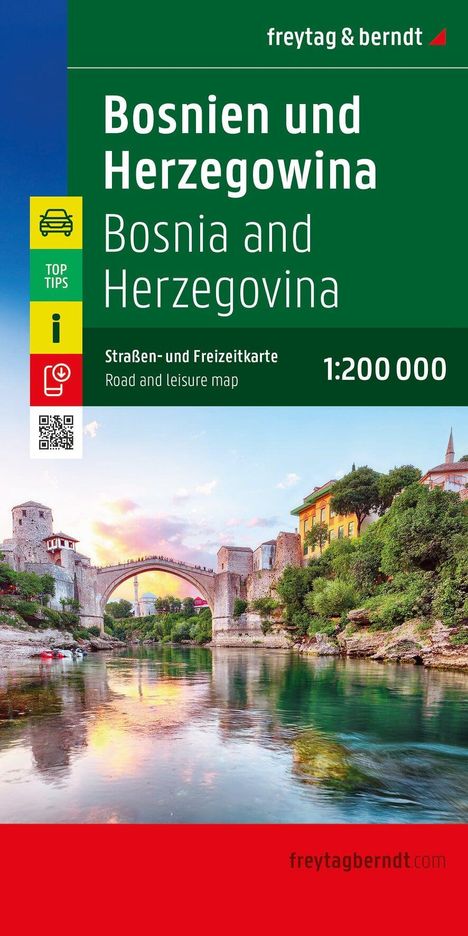 Titel: "Bosnien und Herzegowina" und "Bosnia and Herzegovina". Bild von einer alten Steinbrücke über einem klaren Fluss.