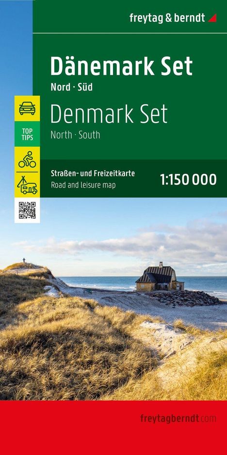 Titel: "Dänemark Set Nord • Süd". Straßen- und Freizeitkarte 1:150 000. Küstenlandschaft mit Haus am Meer.