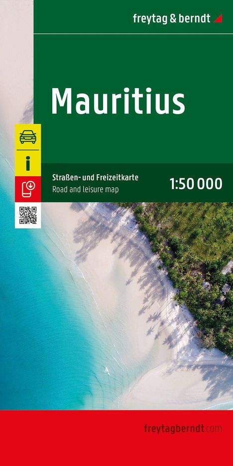 "freytag & berndt", "Mauritius", "Straßen- und Freizeitkarte", "1:50 000". Luftbild von Strand und türkisfarbenem Meer.