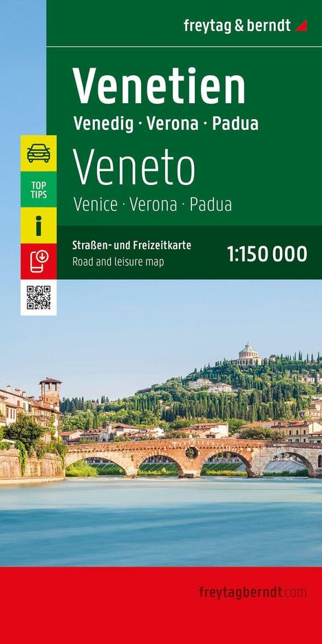 „Venetien: Venedig, Verona, Padua“ und „1:150.000“ stehen über einem Fluss und einer alten Brücke in hügeliger Landschaft.