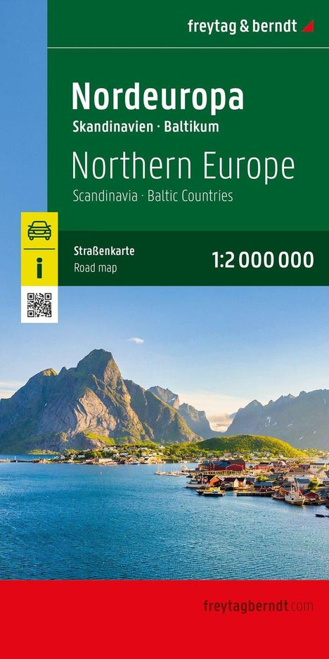 "Nordeuropa Skandinavien Baltikum Straßenkarte 1:2 000 000." Eine Küstenlandschaft mit Bergen und einem Dorf.
