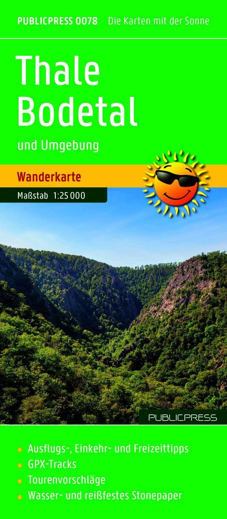 „Thale Bodetal und Umgebung“, „Wanderkarte“, „Maßstab 1:25 000“. Illustration von bewaldetem Tal mit Sonne im Logo.