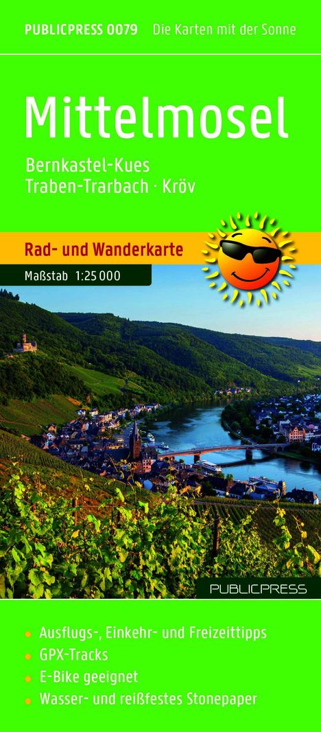 Mittlerweile Mosel, Rad- und Wanderkarte, Maßstab 1:25.000. Da sind grüne Hügel, ein Fluss und eine Stadt mit Brücke.