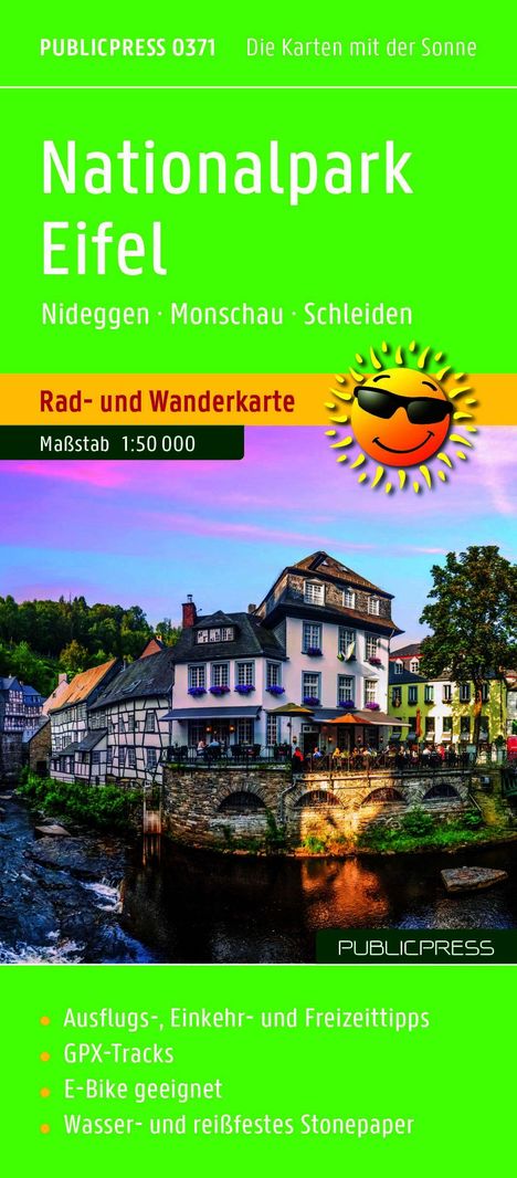 "Nationalpark Eifel" Karte mit Sonne, Rad- und Wanderkarte, Foto: malerische Fachwerkhäuser am Fluss.