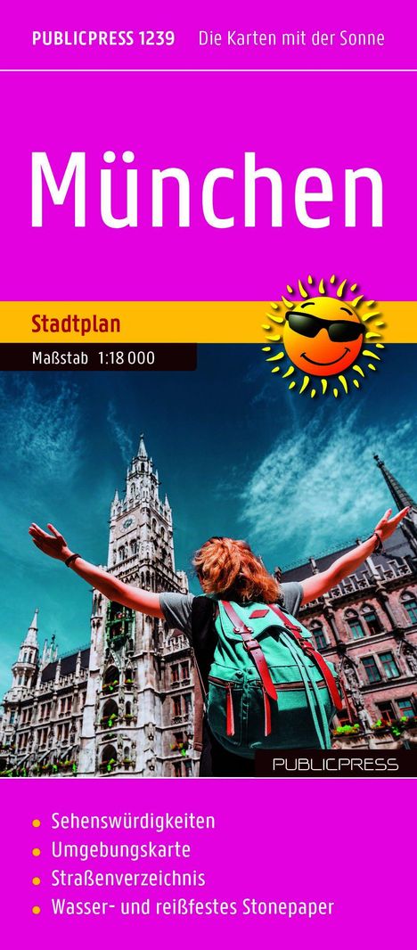 "München Stadtplan Maßstab 1:18 000. Sehenswürdigkeiten, Umgebungskarte, Straßenverzeichnis. Person freut sich vor einem gotischen Gebäude."