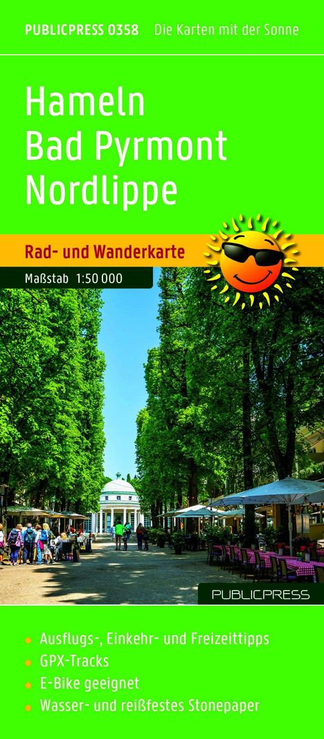 „Hameln Bad Pyrmont Nordlippe“ in Weiß. Rad- und Wanderkarte mit Sonne, Text über Freizeit, GPX-Tracks, E-Bikes.