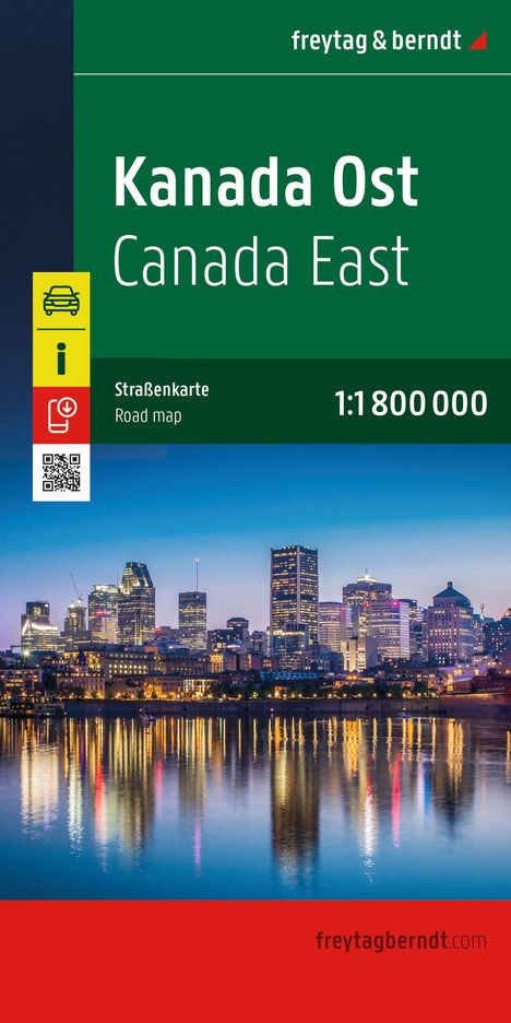 „Kanada Ost“, „Canada East“, „Straßenkarte“, „Road map“, „1:1 800 000“. Skyline einer Stadt bei Dämmerung im Hintergrund.