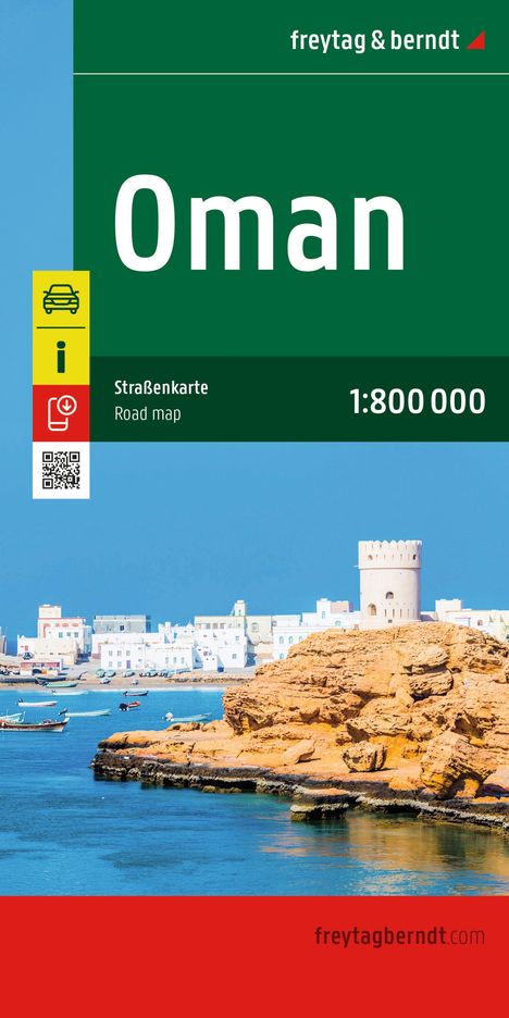 "Oman, Straßenkarte 1:800 000" oben, Foto von Küstenlandschaft mit Felsen und Booten. Oben links Logo "freytag & berndt".