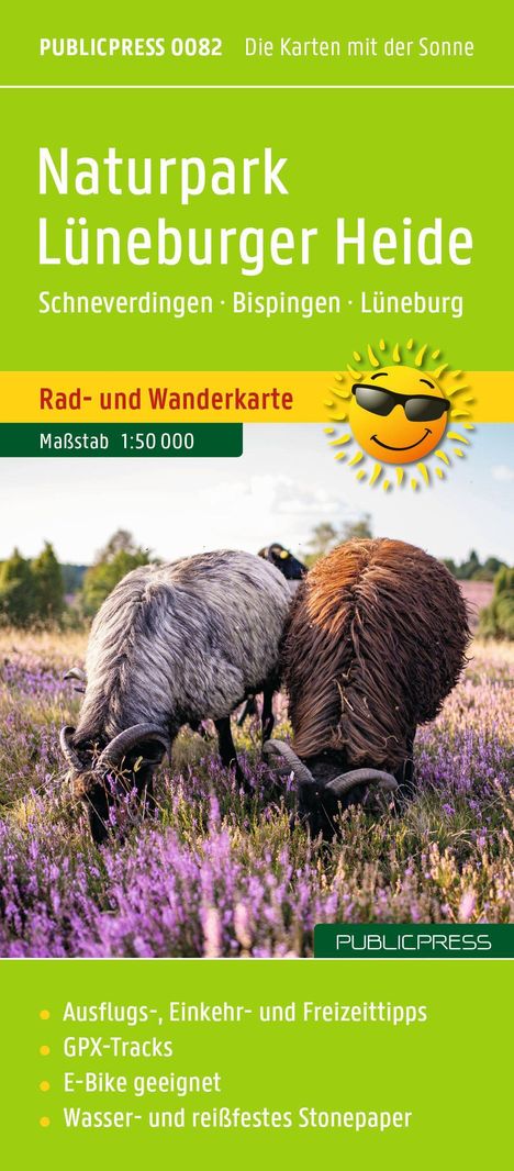 "Naturpark Lüneburger Heide" Karte. "Rad- und Wanderkarte". Zwei Schafe auf einer Heide mit lila Blumen.